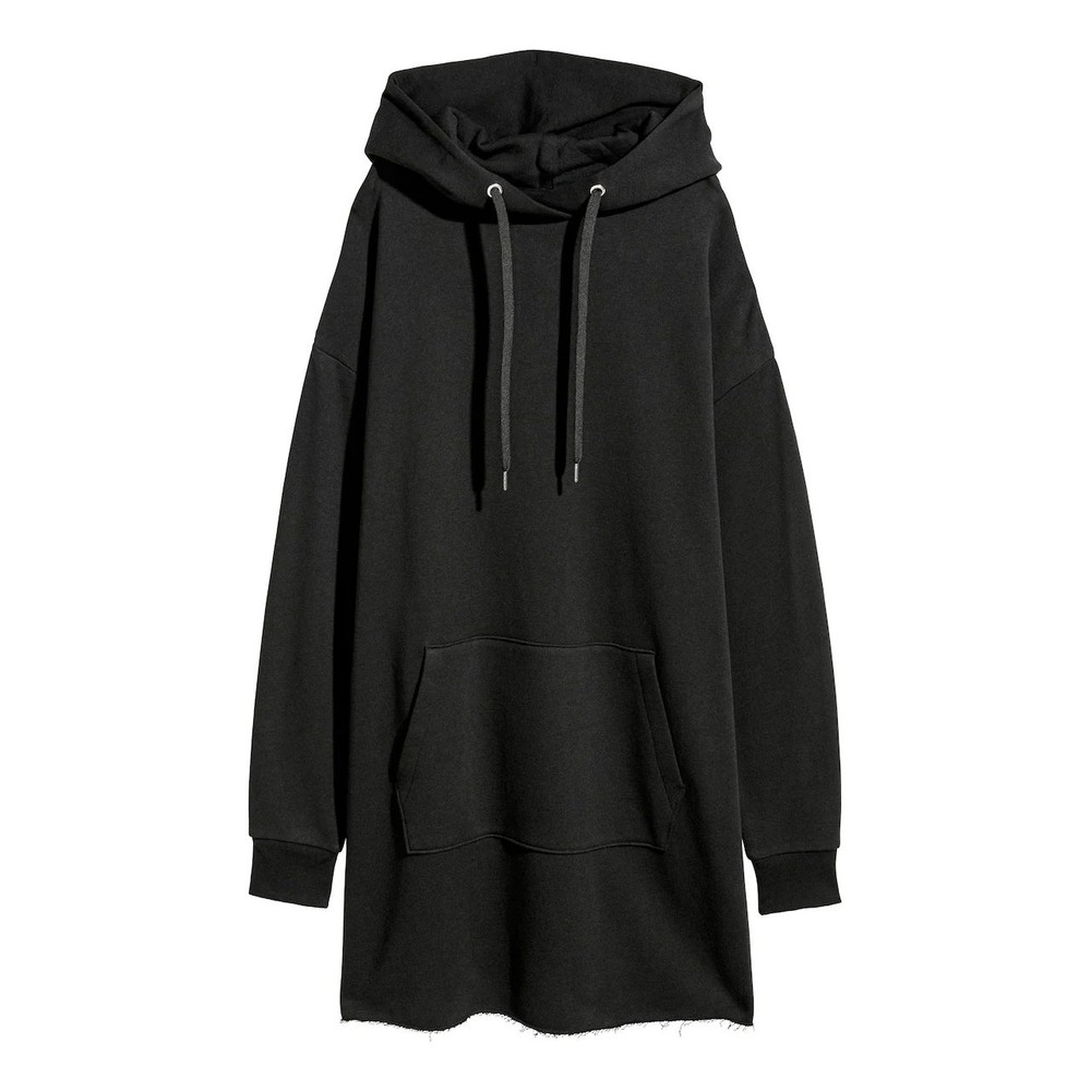 H&M Divided Black Oversized Hoodie Dress Raw Hem Casual Comfort‎ Small Womens